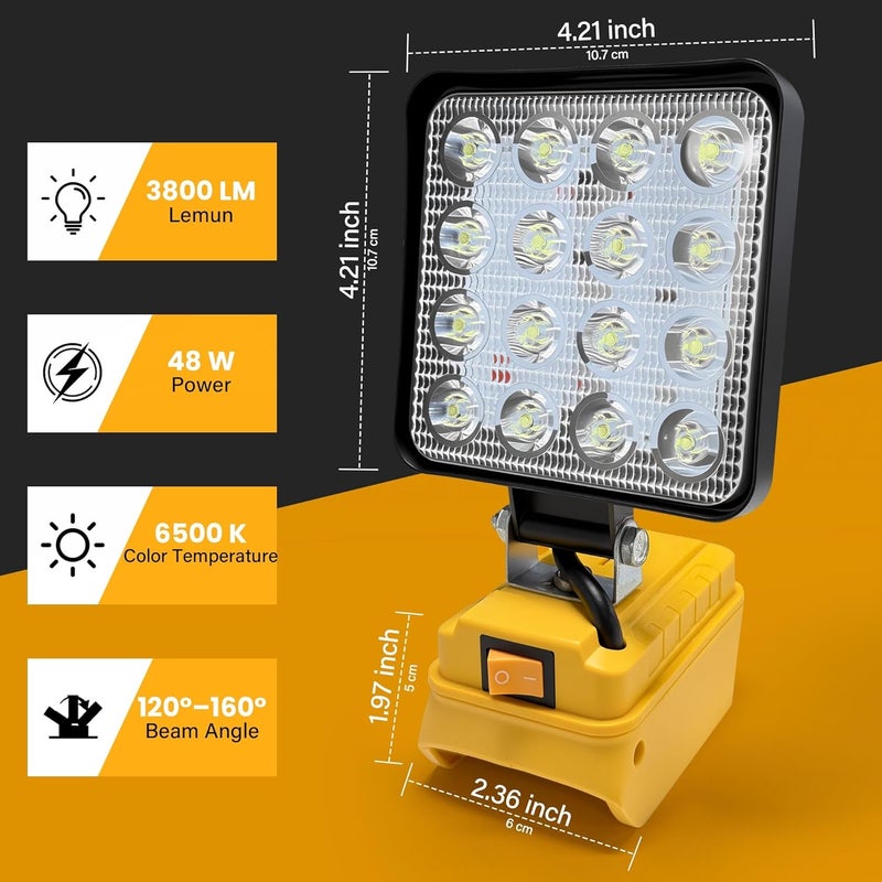 byczone 2pcs Cordless Work Light Compatible with DEWALT 20V Battery.48W 3800LM Wide Beam Flood Light with Two USB Charging Port Flashlight for Emergency,Workshop,Garage.(No Battery) - Image 3